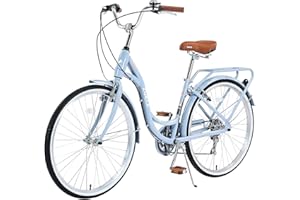 Xmatch Adult Beach Cruiser Bike, 26" Wheels Size 7-Speed Shifter and Derailleur, 16" Low Step-Through Steel Frame Front & Rear V Brakes with Faux Leather Seat for Ladies Commuter Bicycles