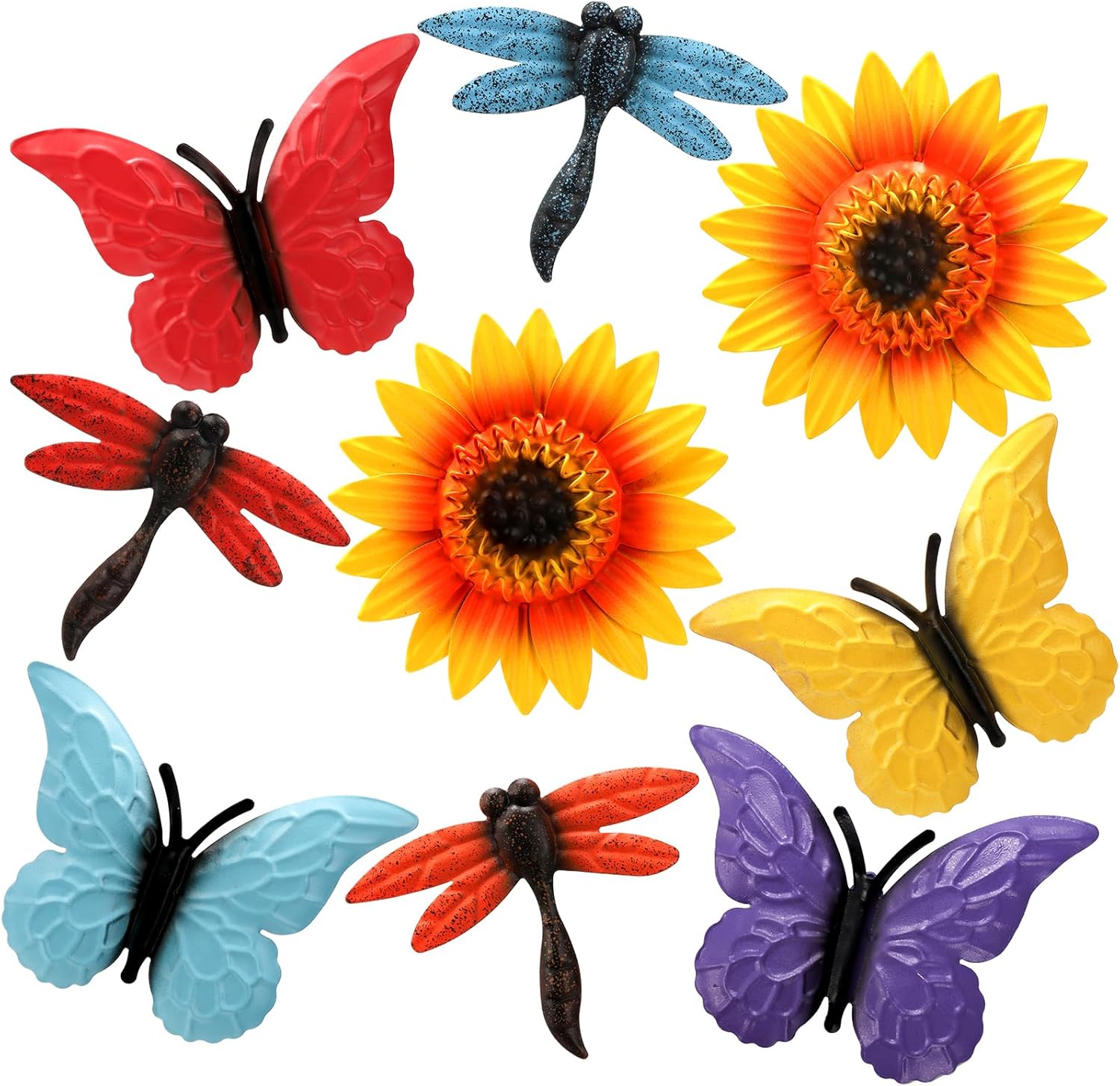 Plaques & Wall Art - Pumtus 9 Pack Metal Sunflowers Wall Decor, Garden Flower Wall Art Decorations, Outdoor Butterfly Dragonfly Hanging Patio Decor, Yard Floral Fence Sculptures for Indoor Outside Living Room Bedroom