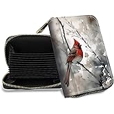 Credit Card Holder with Zipper, Slim RFID Blocking Card Wallet for Women Men Art Red Cardinal Birds Design PU Leather Small Accordion Card Case Wallet, ID Card Organizer, Pocket Business Card Case