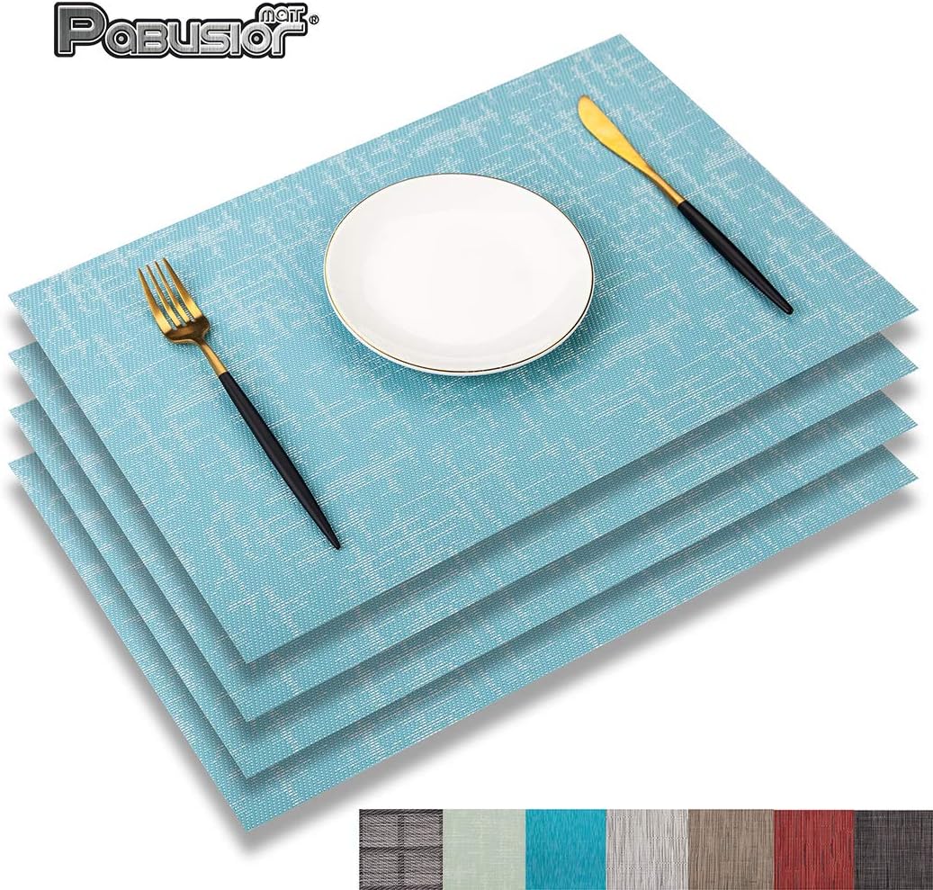 PABUSIOR Placemats for Dining Table Set of 4 Washable - Easy to Clean Woven Vinyl Placemat, 12 X 18 Inch Non-Slip Durable Crossweave Table Mats (Blue-C)