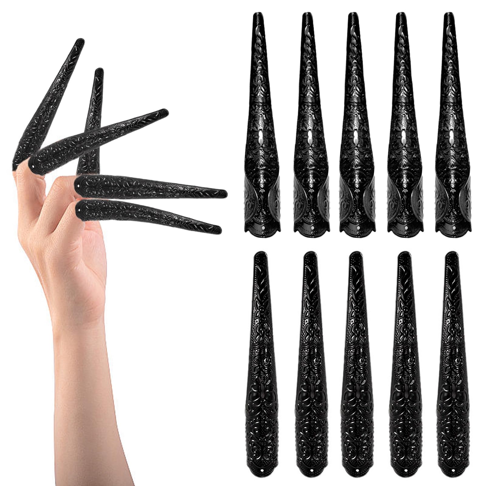 Photo 1 of 10 Pieces Halloween Long Finger Claws Fake Nail Metal Nail Rings Extension, Wsimily Halloween Theme Adjustable Cool Fingertip for Halloween Women Cosplay Accessories Vampire Drama Dance Show (Black)