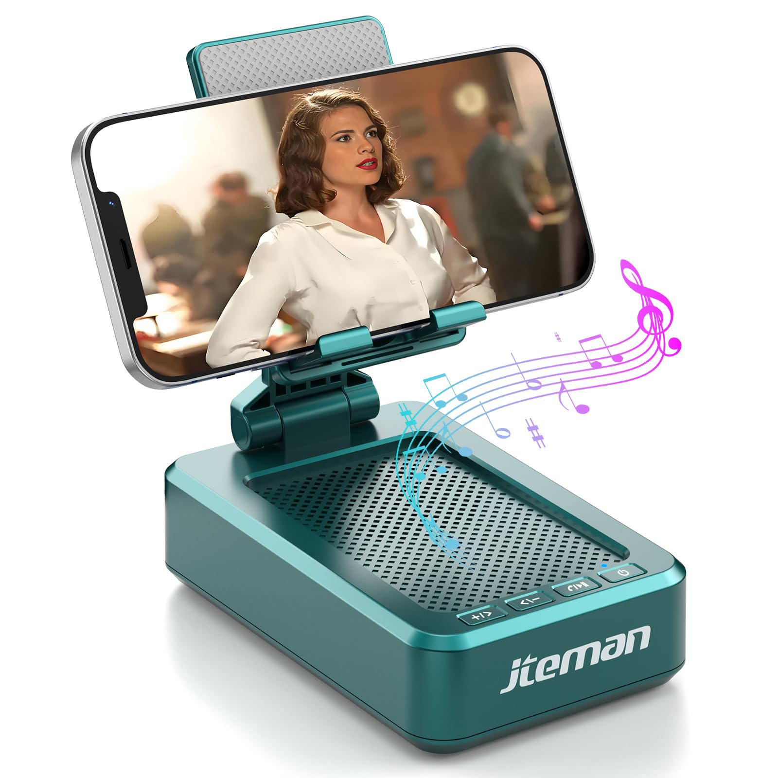 Photo 1 of JTEMAN Cell Phone Stand with Wireless Bluetooth Speakers,Angle Adjustable Strong Pedestal Phone Stand for Desk,HD Sound and Bass Bluetooth Speaker Compatible with All Mobile Phones(Green)