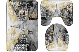 ZKJSMGS Oil Painting Paris 3 Piece Bath Mat Sets,Eiffel Tower European City Street Landscape France Lover Modern Couple Grey Yellow 16"x24"Bath Rug,Toilet Seat Cover, U-Shaped Toilet