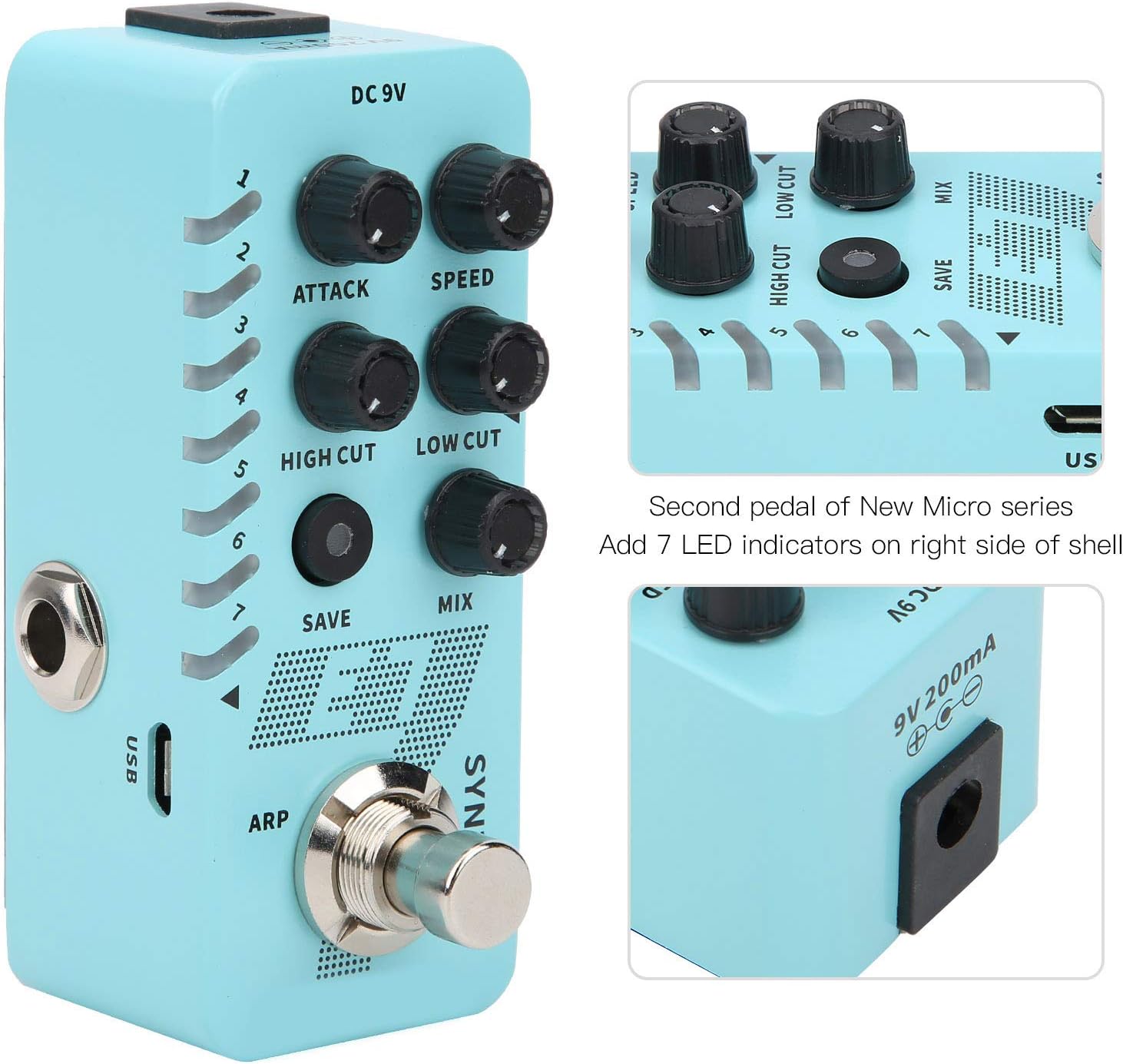 Synth Guitar Pedal, E7 Polyphonic Effect Synthesizer 9V DC transformer 7 Types Custom Tones