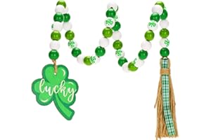 GCQQ St. Patrick's Day Wood Bead Garland with Tassels, 33" Green Wooden Bead Tassel Garland with Lucky, Farmhouse Tray Decor Beads Tassel Garland for St. Patrick's Day, Birthday, Home Decoration
