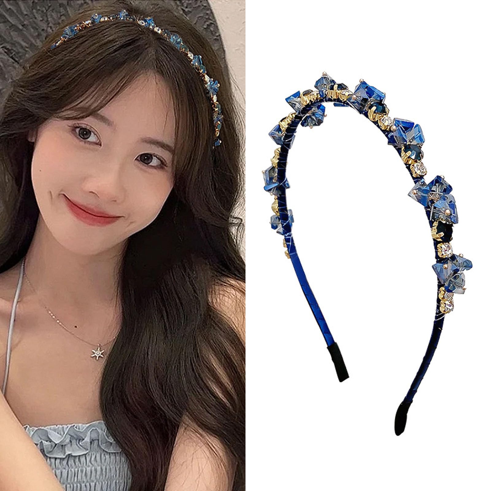 One Piece Bling Rhinestone Headband Vintage Crystal Head Bands Jewelry Fashion Diamond Headpiece Sparkling Rhinestone Flower Hairbands for Women Hair