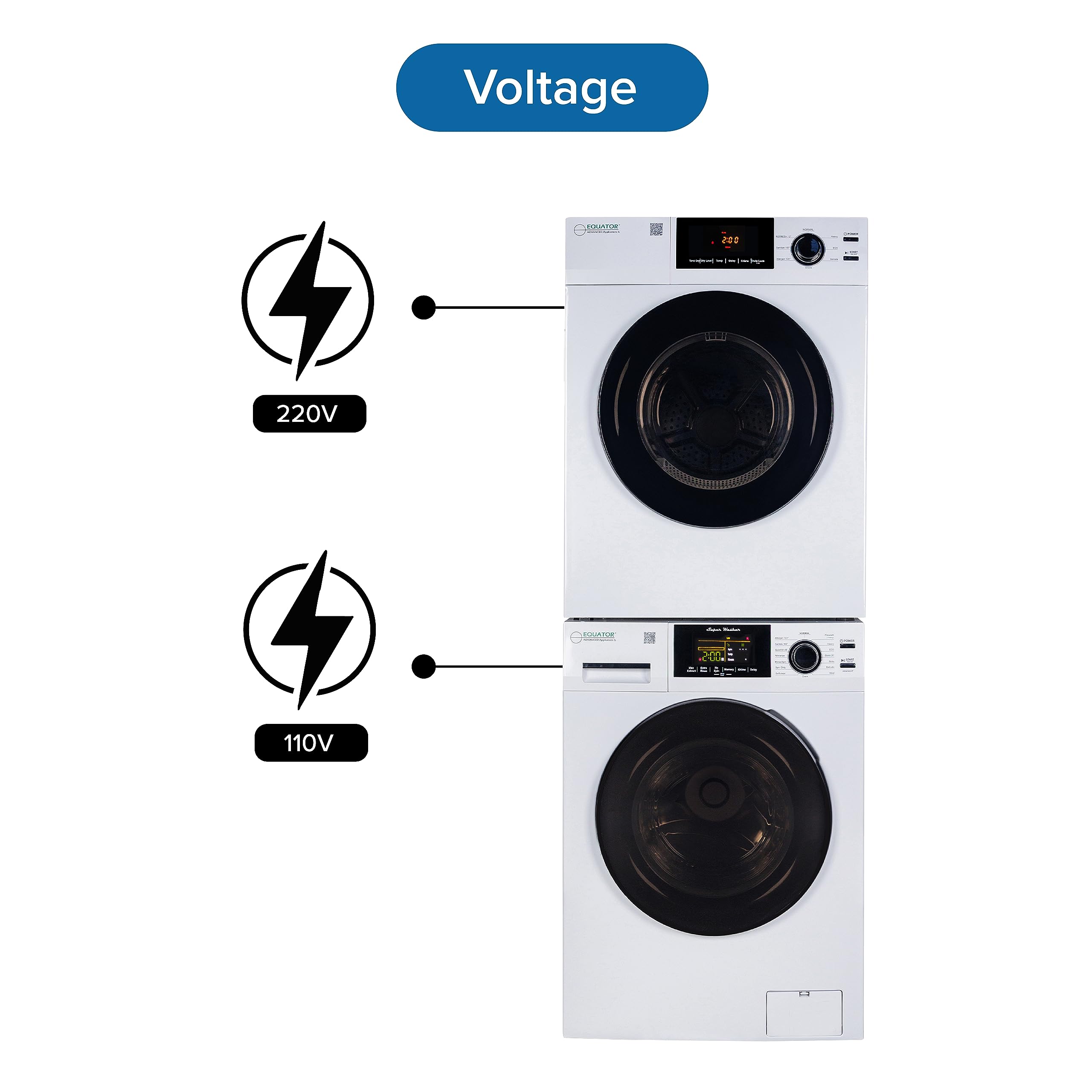 Equator Power Touch 18 lbs Compact 110V Washer +220V Vented Digital 4cf Dryer