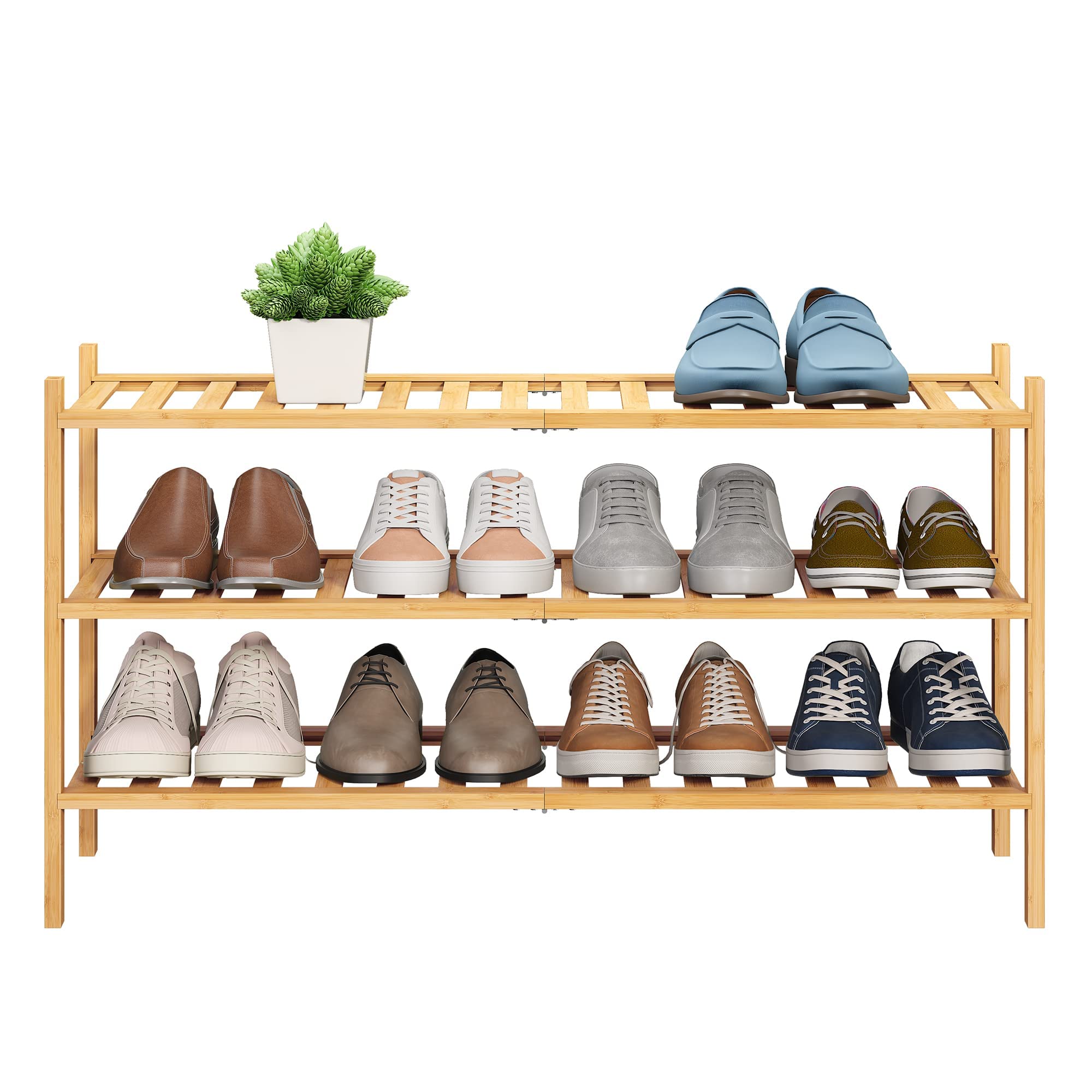 Photo 1 of BMOSU 3-Tier Bamboo Extended Shoe Rack Premium Stackable Shoe Shelf Storage Organizer for Hallway Closet Living Room Entryway Organizer (Natural Bamboo)