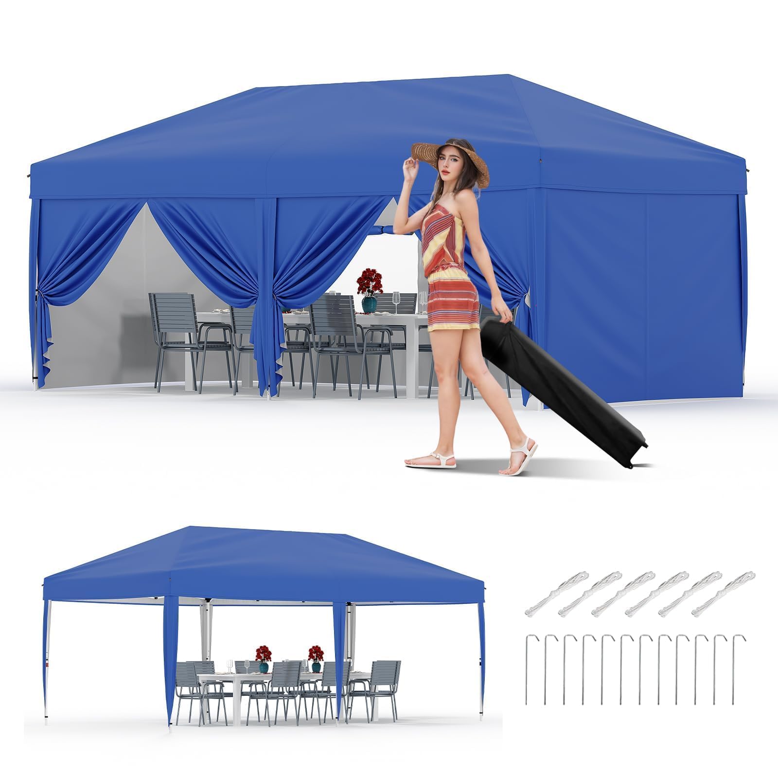 Photo 1 of ***USED***10x20 Pop Up Canopy Tent with 6 Sidewalls, Heavy Duty Outdoor Canopy UPF 50+ All Season Waterproof Commercial Street Vendors Party Tents with Roller Bag, 8 Stakes & 6 Sandbags, Blue