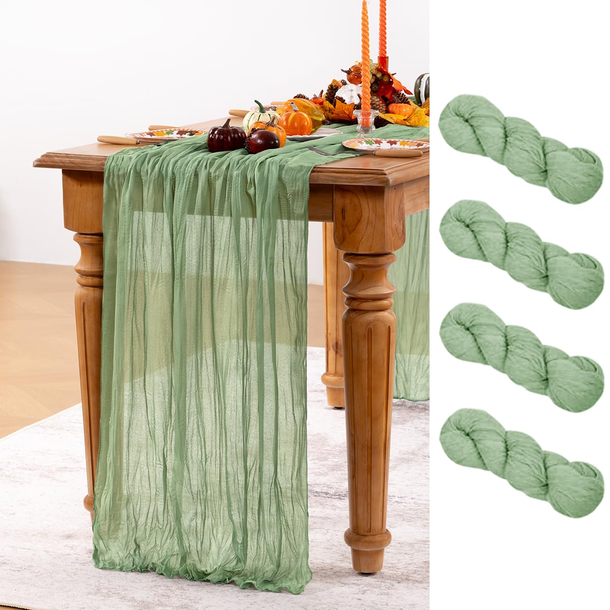 Photo 1 of DeZerlor Sage Green Cheesecloth Table Runner 4 Pack Fall Table Runners Boho Gauze 120 Inches Sage Cheese Cloth Fall Table Decorations for Thanksgiving Wedding Bridal Baby Shower Tea Party