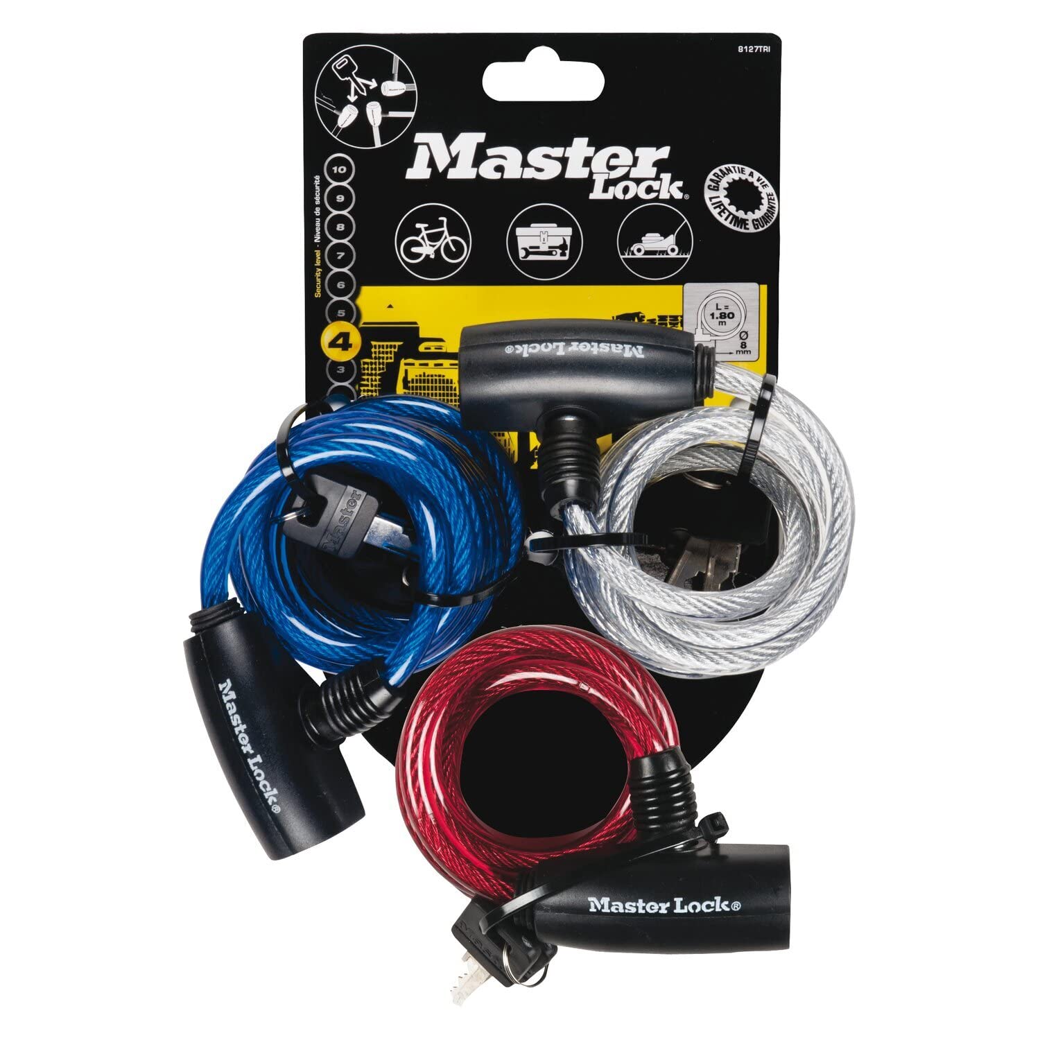 Master Lock Bike Lock Cable, Key, 1.8 m Coiling Cable, Outdoor, Set of 3, Blue, Red and Transparent 8127EURTRI - Use with All Kinds of Bike, Strollers, Lawnmowers and Other Outdoor Equipment