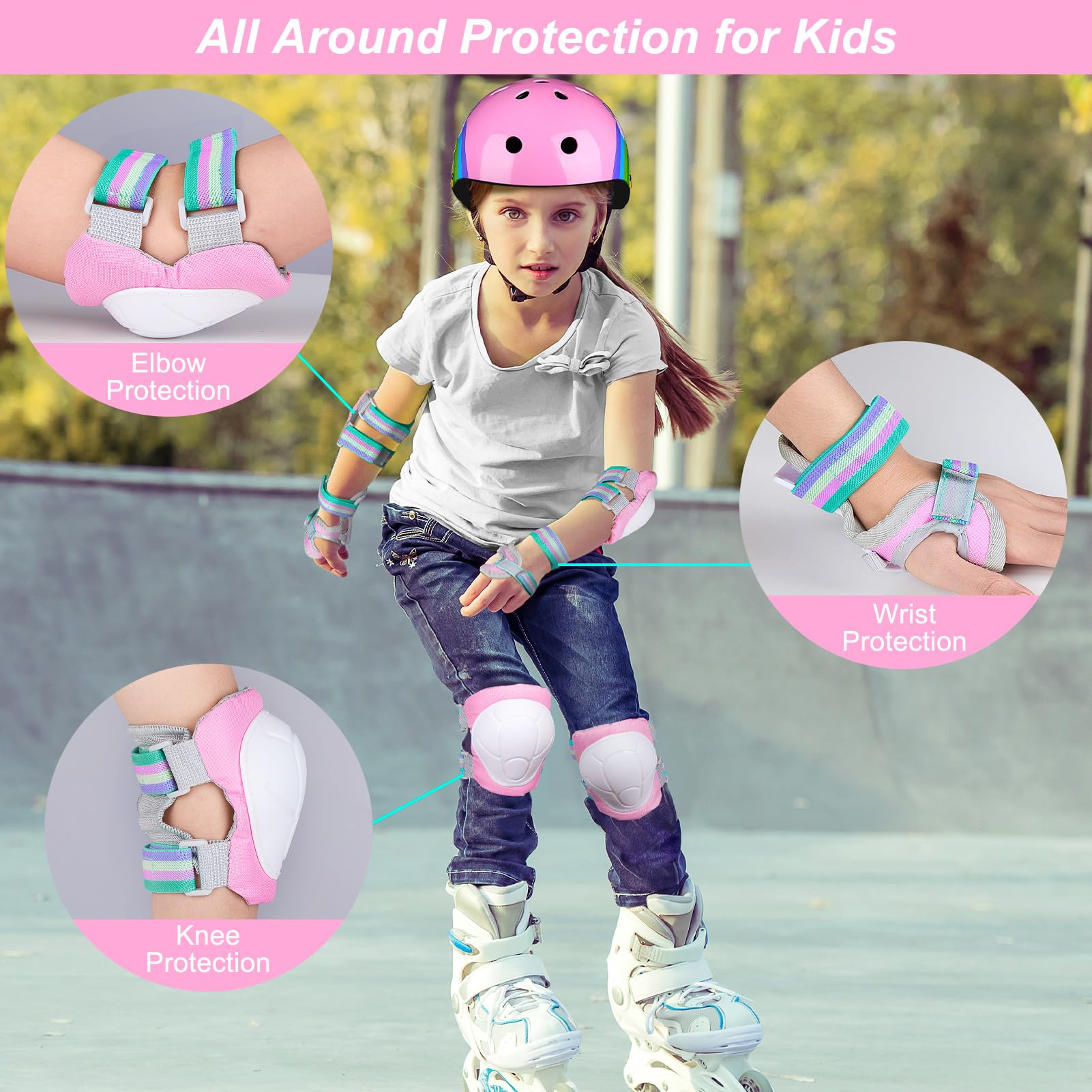 Kids Bike Helmet, Kids Helmets Ages 5-8 with DIY Stickers Kids Knee Pads and Elbow Pads Set Unicorn Toddler Helmets Adjustable Girls Helmet for Age 3-5-8 fit Skateboarding, Roller Skates, Scooter