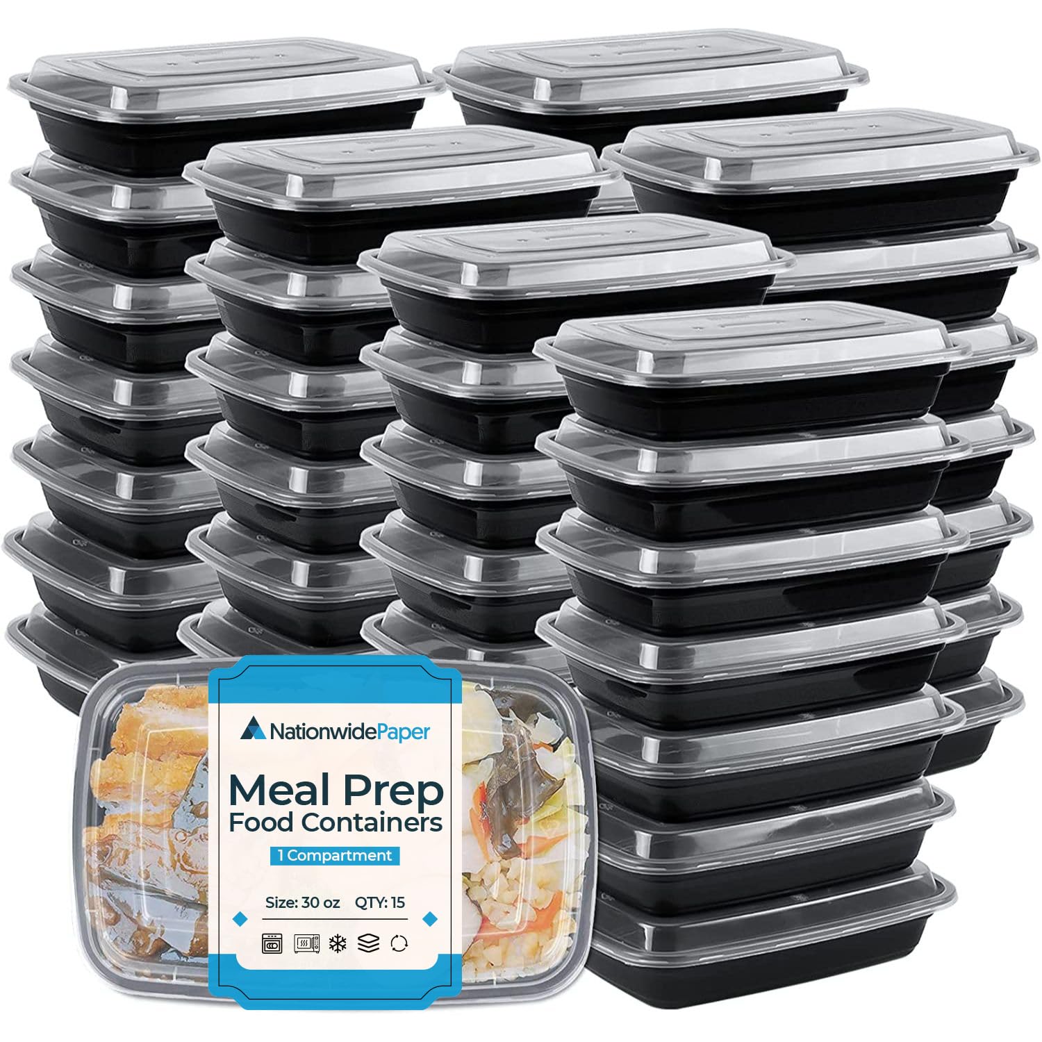 Nationwide Paper 30oz 15 Pack 1 Compartment Meal Prep Containers Reusable with Airtight Lids, Microwavable Freezer & Dishwasher Safe (887ml)