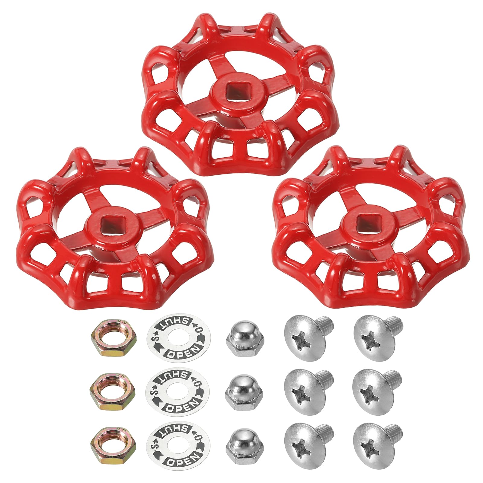 PATIKIL Outside Faucet Handle Square Stem Hole 9x9mm, Cast Steel Round Wheel Faucet Handles Replacement Water Spigot Handle with Screws Spacer, Red, 3Pcs