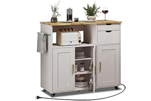 ASTRONAPE Rolling Mobile Kitchen Island Cart Bar with Drawer, Island Table Storage with 5 Wheels, Rolling Kitchen Cabinet with Power Socket (White, Without Countertop)