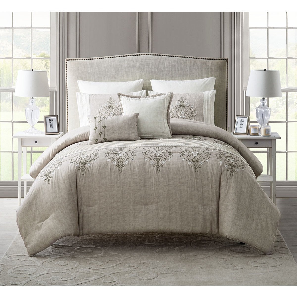 7 Piece Embroidered Floral Pattern Comforter Set King Size Featuring Luxury Elegant Sophisticated Rich Chic Flowers Bedding Beautiful Fashionable