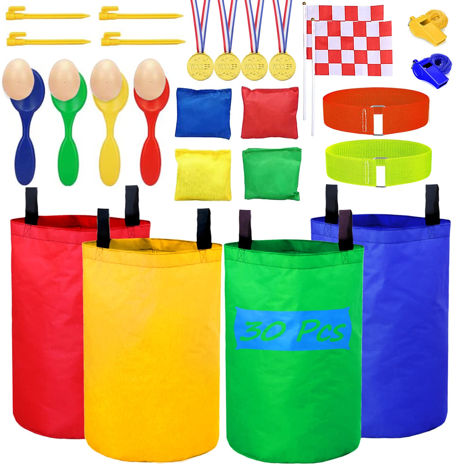 Niantime 30Pcs Outdoor Games Set, Potato Sack Race Bags for Kids Easter Game Party, 3 Legged Race Bands, Bean Bag Toss, Carnival Outdoor Lawn Easter Eggs Race Games Kit for Field Day Family Reunion