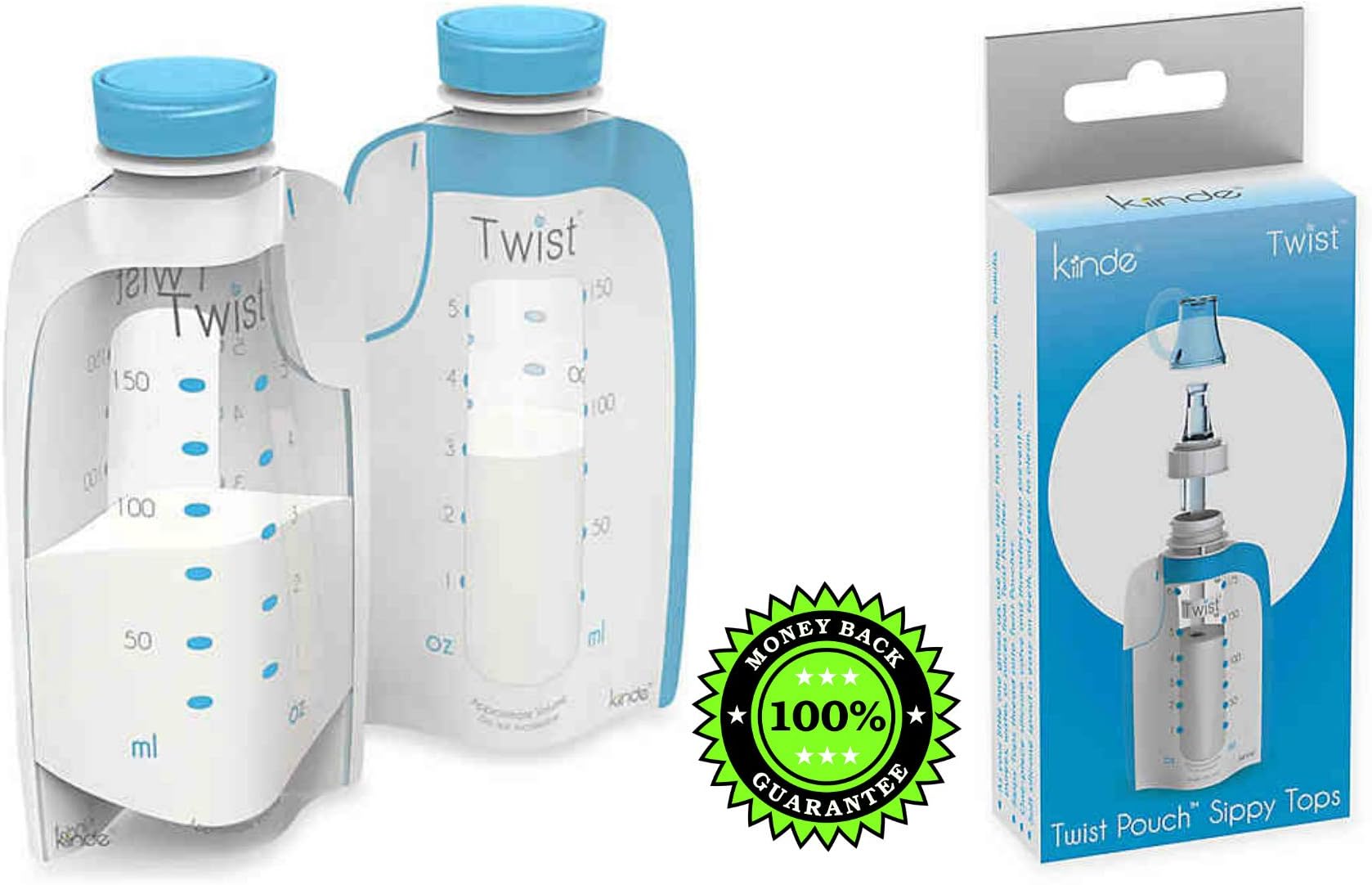 Kiinde Twist Pouch 20-Count 5 oz. Direct-Pump Breastmilk Storage Pouches + Kiinde Sippy Top Set for Twist Pouches. Plus Cleaning Brush