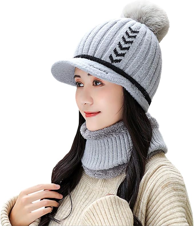 Amazon Wonderbabe ニット帽 毛付き帽子 レディース 冬用 暖かい 厚手 スキー帽子 ニットキャップ ネックウォーマー 帽子 2点セット 防寒 ノースフェイス ニット帽 可愛い ふわふわ 裏起毛 プレゼント フリーサイズ グレー ニット 通販