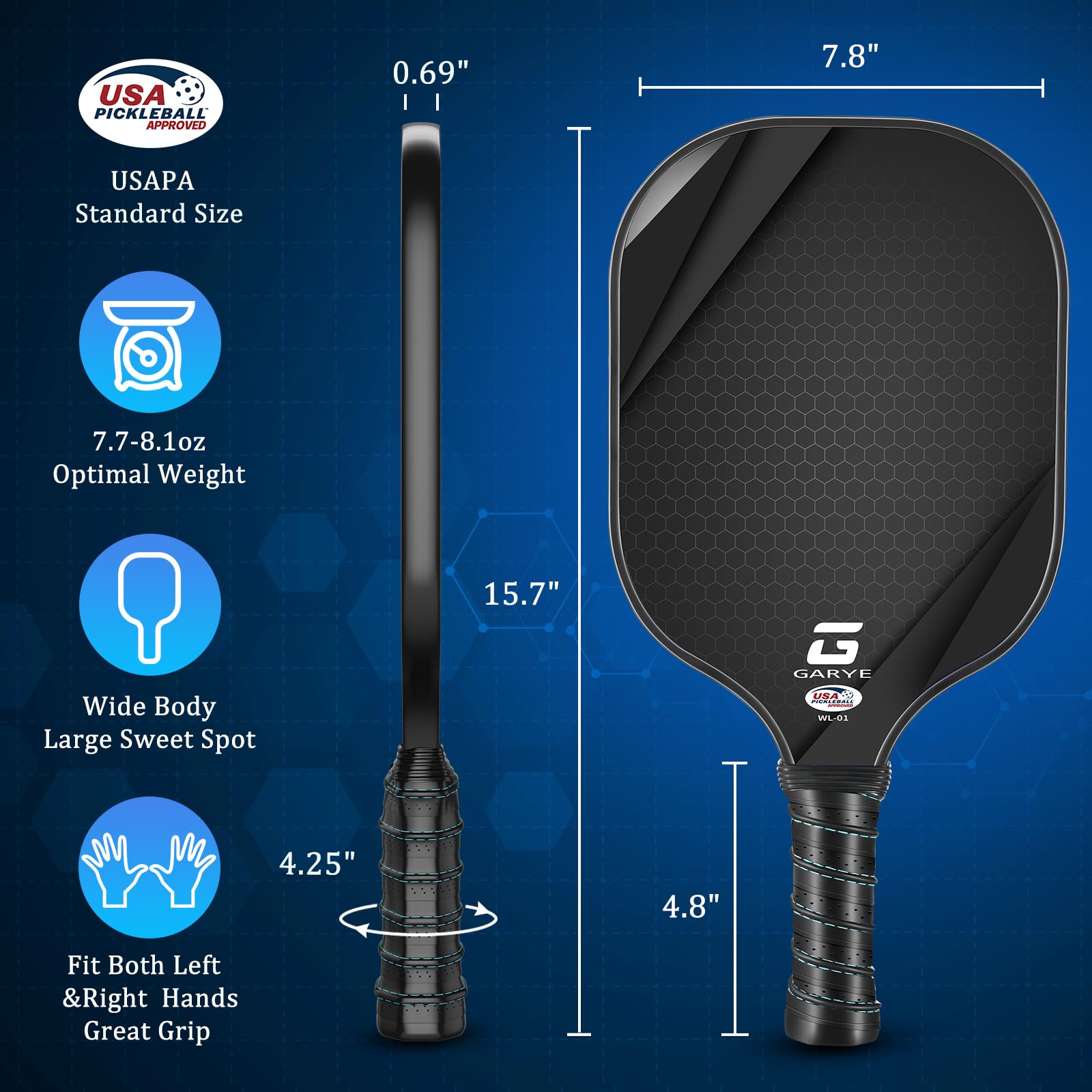 GARYE Pickleball Paddles Set of 2, USAPA Approved Carbon Fiber Pickleball Set, Lightweight Pickle Ball Rackets 2 Pack with 6 Balls, 1 Bag, Pair of Grip Tapes, Pickle Ball Paddle for Men and Women