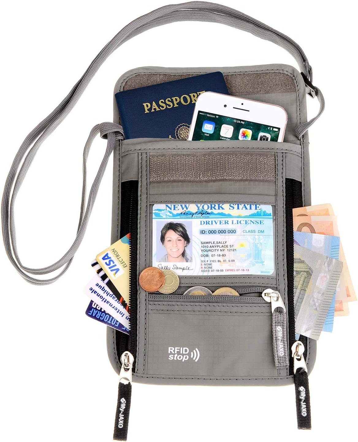 | My-JAXO Premium Family Travel Neck Pouch Wallet Safety Passport Holder Keep Cash And Documents Safe for Men and Women Peace Of Mind on your Travel with RFID Blocking Black, Grey, Red | Travel Wallets