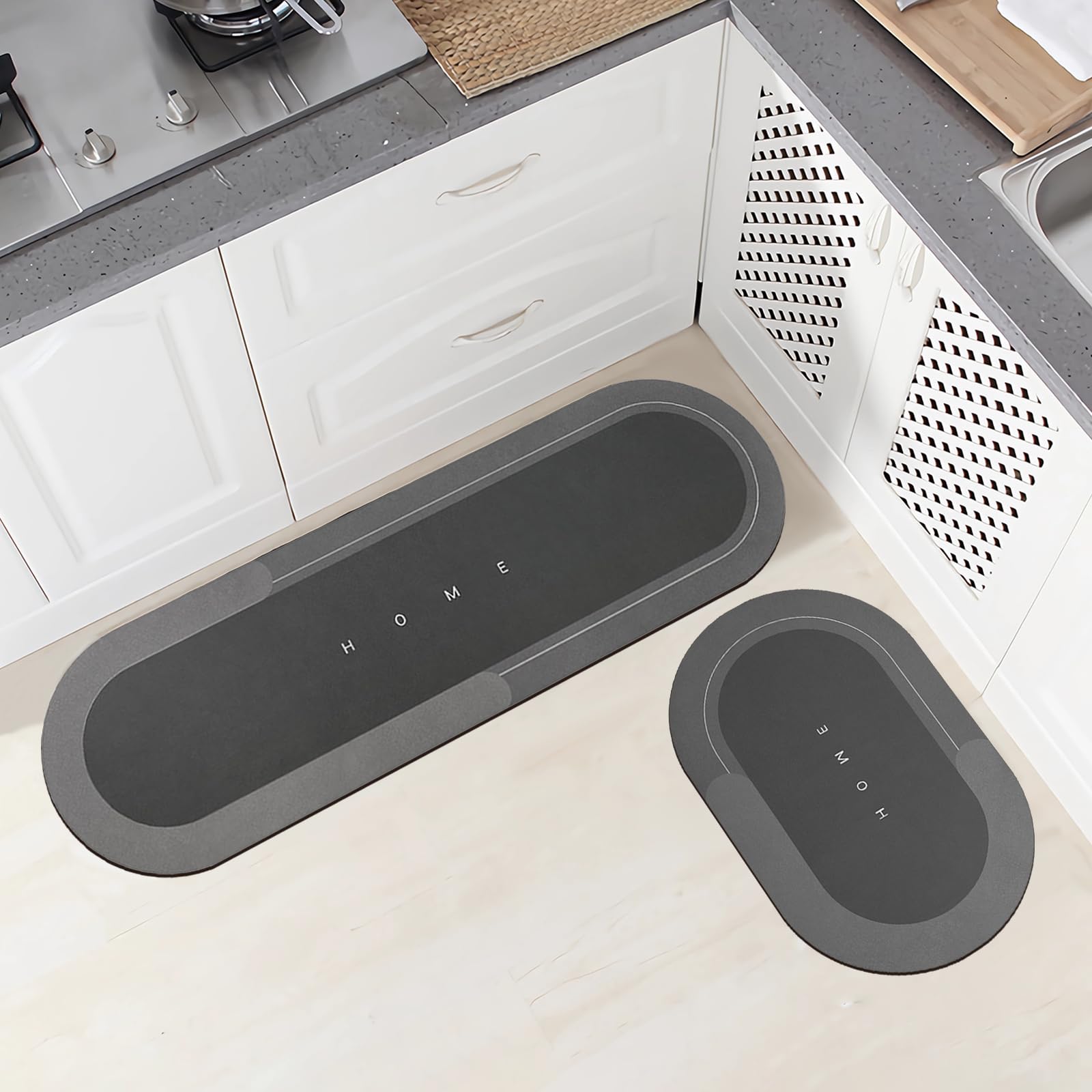Topzywlc Kitchen Mat Set Non Slip Anti Mould, 2Pcs Quick Dry Magic Home Floor Mat Set, For Bathroom, Bedroom, Kitchen, Toilet, Door, Washing Table (Oval Dark Gray, 45 * 70cm + 45 * 150cm)