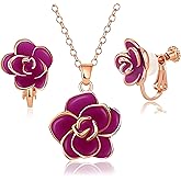 Dainty Rose Flower Pendant Necklace Clip On Earrings Set for Women 14K Gold Plated Hypoallergenic Jewelry Sets