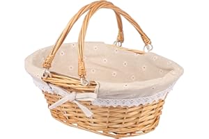 Large Multipurpose Wicker Basket with Handle, 14.2 x 11 x 6.7 Inch Wicker Picnic Basket with Liner, Empty Gift Basket, Oval Willow Woven Basket for Fruit, Wine, Gathering, Wedding, Picnic,by GNIEMCKIN