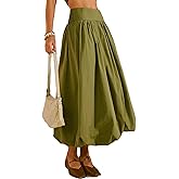 peassa Women's Bubble Long Skirt Elastic Waist A-Line Pleated Ruffle Flowy Balloon Maxi Skirts with Pockets