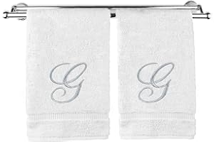 BC BARE COTTON Monogrammed Hand Towel, Personalized Gift, 16 x 30 Inches - Set of 2 - Silver Embroidered Towel - Extra Absorbent 100% Turkish Cotton- Soft Terry Finish - For Bathroom, Kitchen and Spa- Script G White