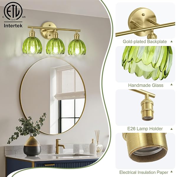 KVHIIW VINTAGE BATHROOM LIGHT FIXTURES,3-LIGHT HARDWIRED VANITY LIGHTS WITH GREEN TULIP GLASS SHADE,GOLD BATHROOM VANITY LIGHT FOR MIRROR RESTROOM,E26 SOCKET,18.5 IN(BULBS NOT INCLUDED)