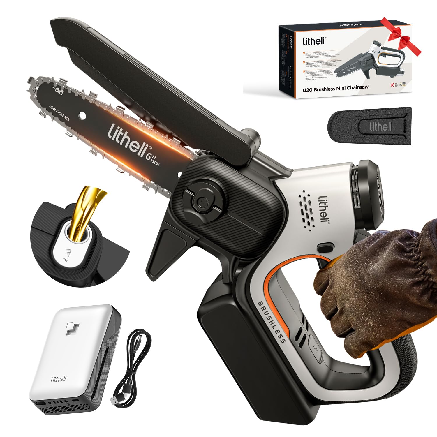 Litheli 20V Mini Chainsaw 6 inch Brushless Handheld Chainsaw Cordless with 2.0Ah Battery & Cable, 450W 24.6ft/s Fast Cut, Auto-Oiling Small Electric Chain Saw for Wood Cutting, Yard, Garden Gift