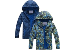 Boys Rain Coat Lightweight Jacket Fleece Lined Waterproof HoodedColor Block Long Sleeve Breathable Fall Outwear