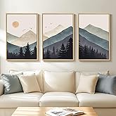 Framed Boho Mountain Landscape Wall Art for Living Room, Large Bohemian Forest Canvas Paintings Artwork for Walls, 3 Piece Nature Wall Picture for Hallway Bedroom Office Wall Decor, 24x36 Inch