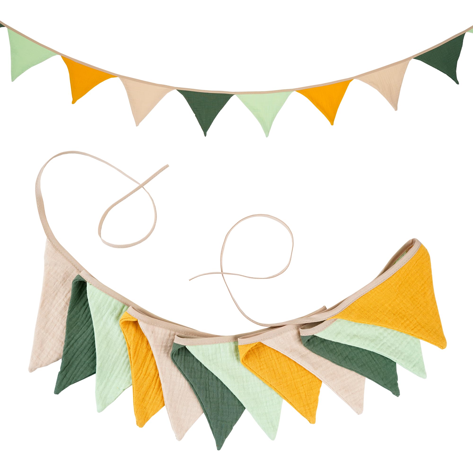 G2PLUS Muslin Fabric Bunting for Nursery: 12PCS Double Side Cloth Triangle Banner, Green and Yellow Cotton Bunting Banner for Baby Room, Nursery, Baby Shower Decor, 2.8m