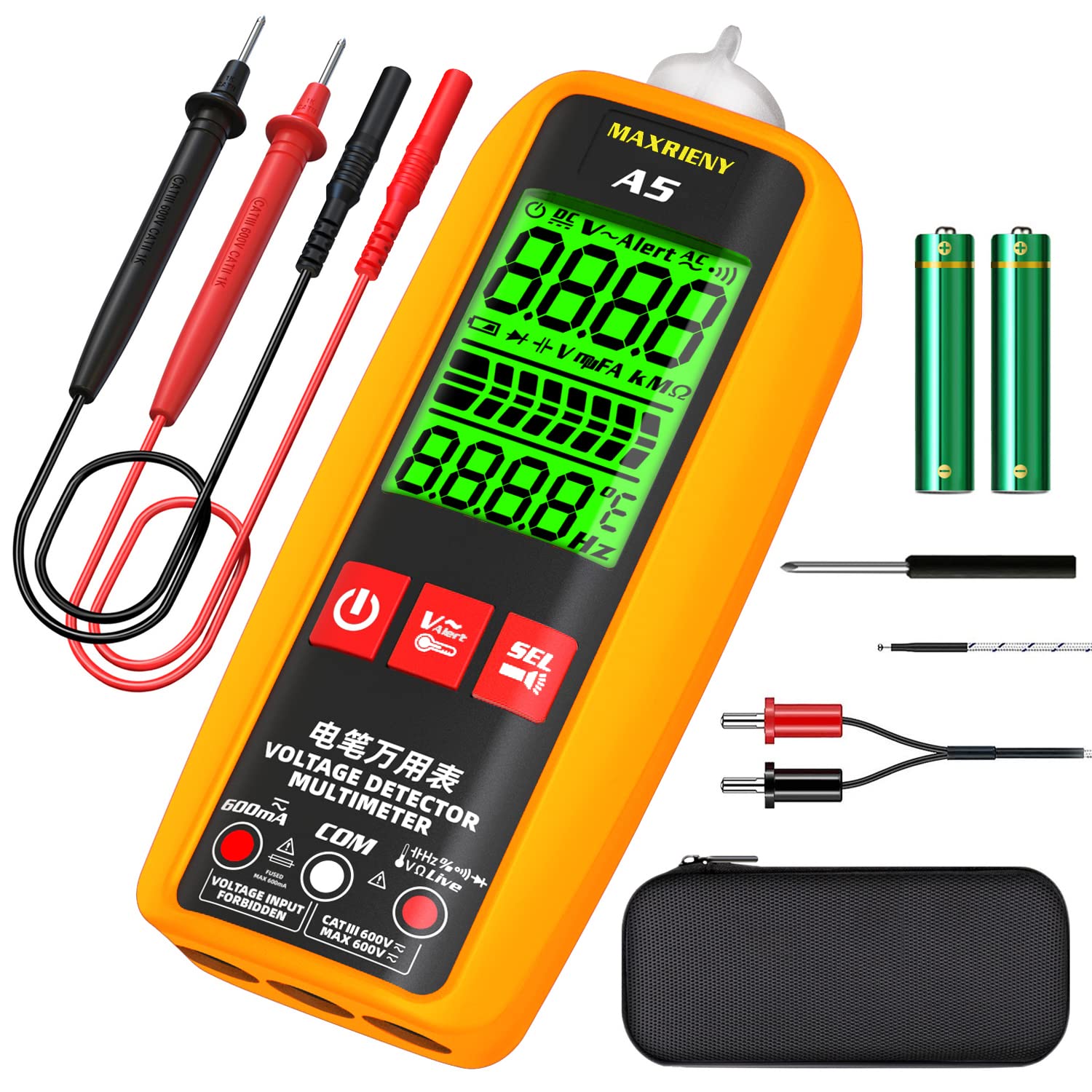 MAXRIENY Smart Digital Multimeter Electrical Amp Tester 6000 Counts Voltmeter Ammeter VFC Capacitance Temperature Current Diode Ohm Hz Continuity V-Alert Voltage Tester with Protect Case
