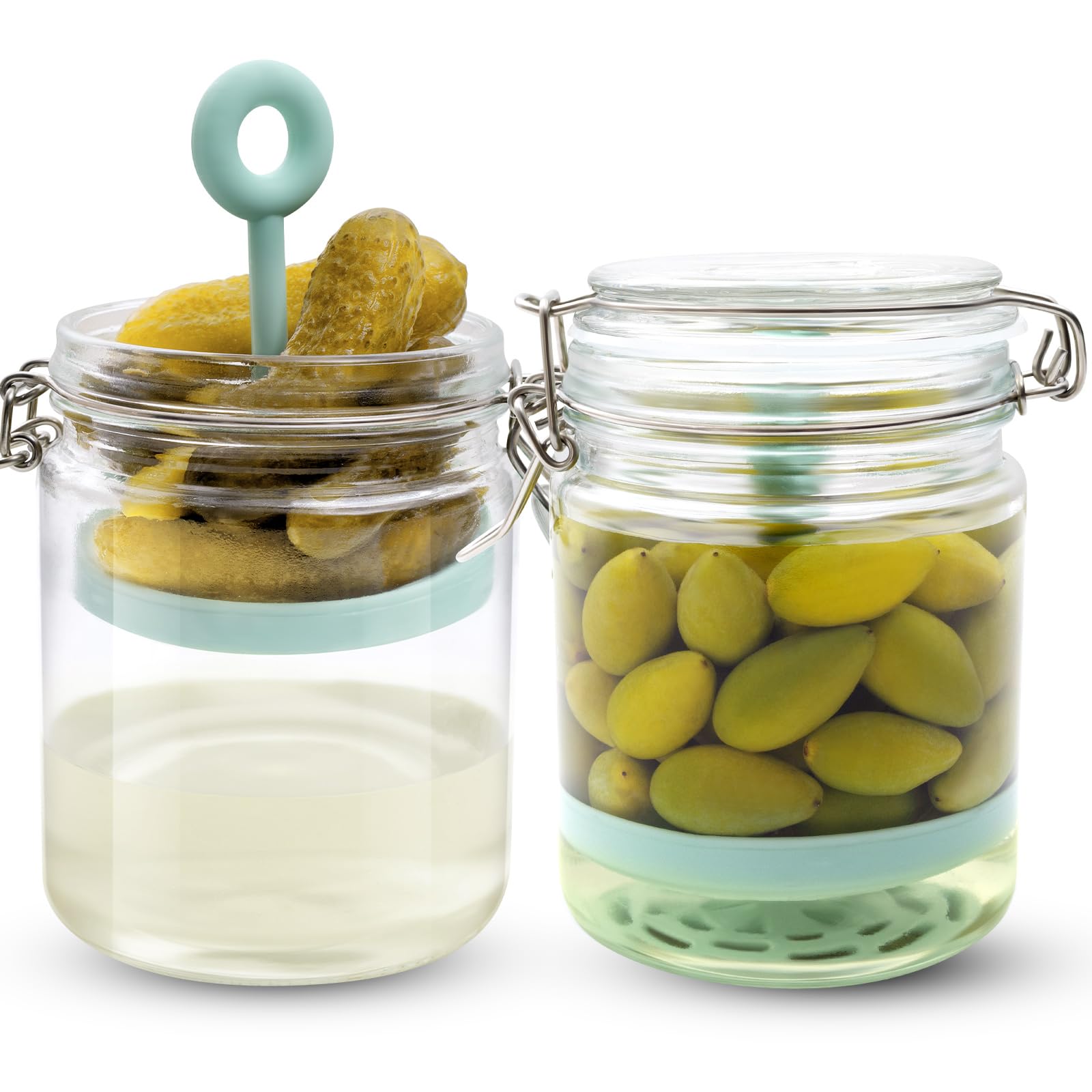 Photo 1 of 2 Pcs Pickle Jar with Strainer, 25 Oz Glass Pickle Container with Silicone Lift Separator, Airtight Lid Olive Storage Mason Jar for Jalapeno Gherkin Kimchi Marinade Fermenting Canning Jars Wide Mouth