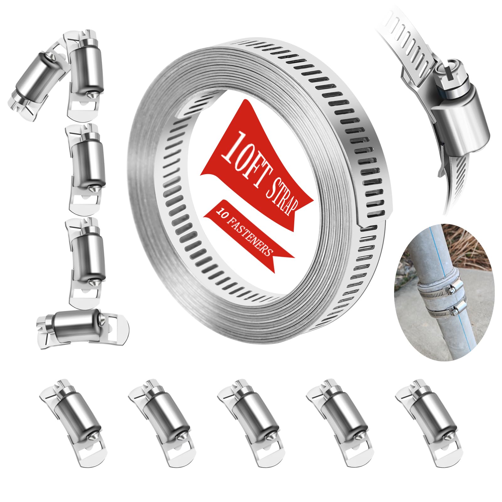 Photo 1 of WSWECCL Hose Clamps 10FT Strap+10 Fasteners,DIY Cut-To-Fit 304 Stainless Steel Adjustable Large Worm Gear Band Clamp Assortment Kit,Metal Screw Fasteners and Strapping for Pipe,Duct,Pole,Tube
