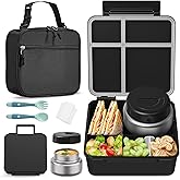 FAJSL Bento Box for Kids with Thermo Food Container (9oz), 4-Compartment Lunch Box, Adjustable Divider, Leakproof Bento Lunch Box, Includes Utensils & Carry Bag for School, Office(Black)