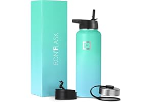 IRON °FLASK Camping & Hiking Hydration Flask, Wide Mouth, 3 Straw Lids, Stainless Steel Outdoor Water Bottle, Double Walled, Insulated Thermos, Metal Canteen - Sky, 40 Oz