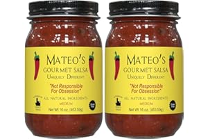 MATEO'S Mateo’s Gourmet Salsa - Medium Hot Spicy Salsa Dip for Tortillas, Tacos, Nachos, Chips, Snacks, Salads - No Gluten, Made of Fresh Tomatoes & Jalapeno Peppers - Product of Frisco, Texas - 2-Pack 16oz
