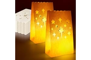 RANSLEN 70 Pieces White Luminary Bags, Fireworks and Stars Cutout Flame Resistant luminaries, Candle Bags Paper Lanterns for Christmas, Halloween, Wedding, Thanksgiving, New Year, Valentine's Day Party Decor