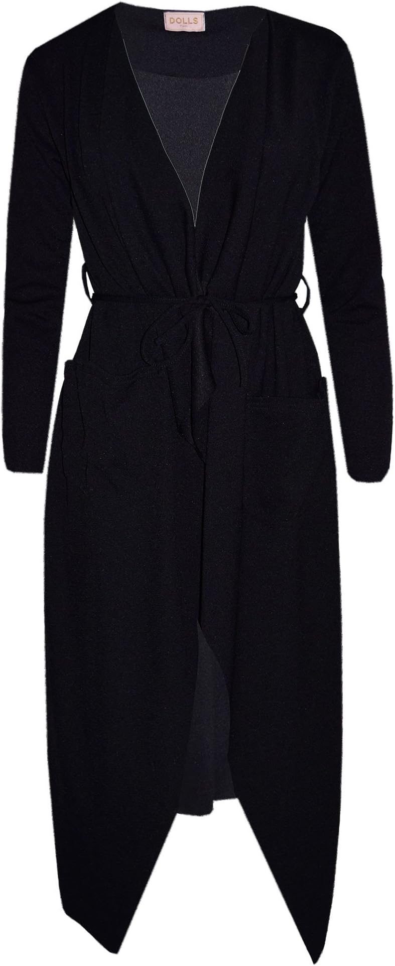 Ladies Long Waterfall Jacket Tie Knot Belted Two Front Pockets Long Cape Cardigan Waterfall Belted Duster Coat Jacket Plus Size S/M, M/L, XL