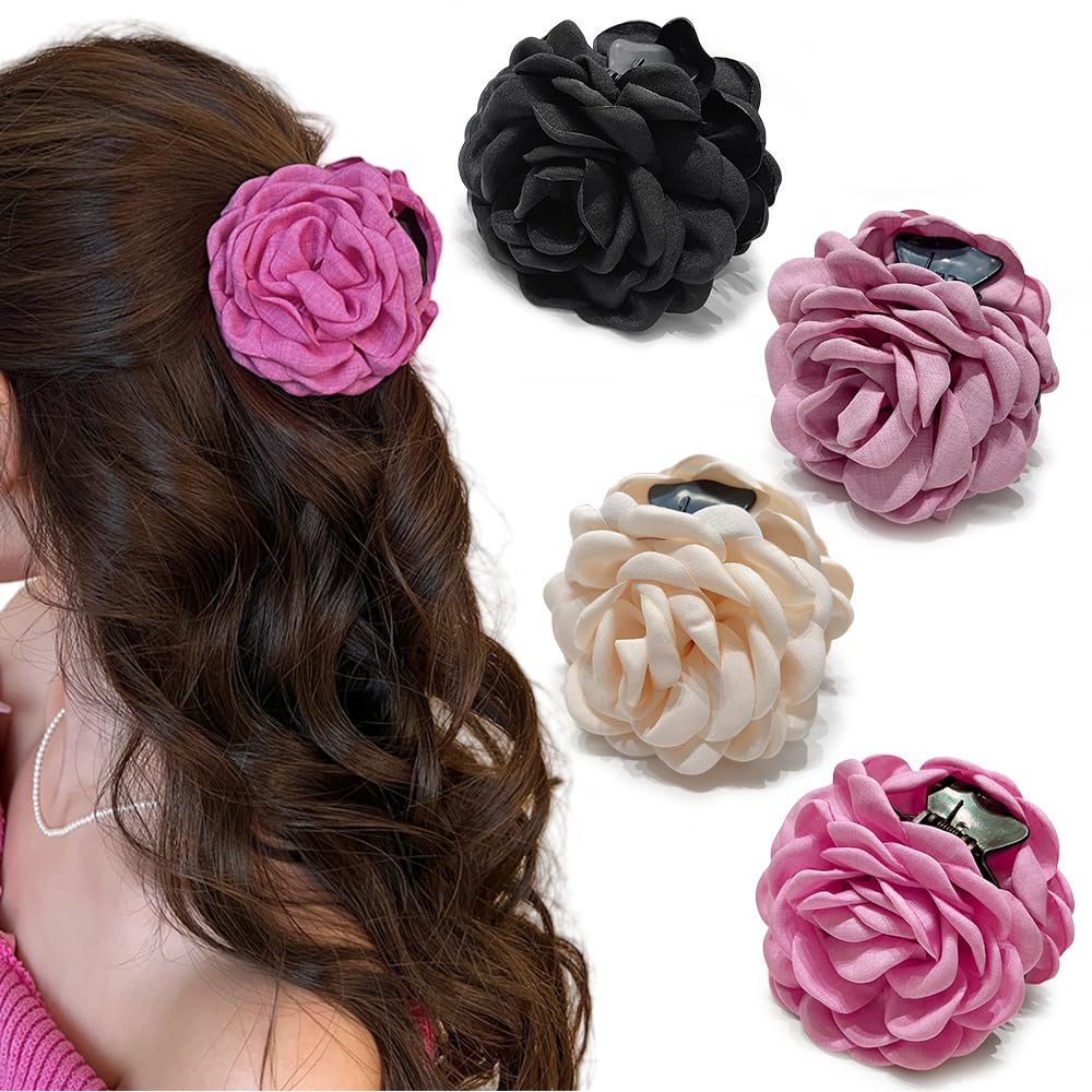 Photo 1 of 4 Pack Fabric Rose Flower Hair Claw Clips for Thin Thick Hair, Women's Hair Accessories Hawaiian Blooming Floral Hairpins Barrettes Non Slip Ponytail Holder Jaw Clip for Girls Holiday Gift