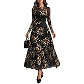 GothDark Womens Floral Mesh Dress Long Sleeve Round Neck A Line Gothic Vintage Casual Wedding Guest Maxi Dresses