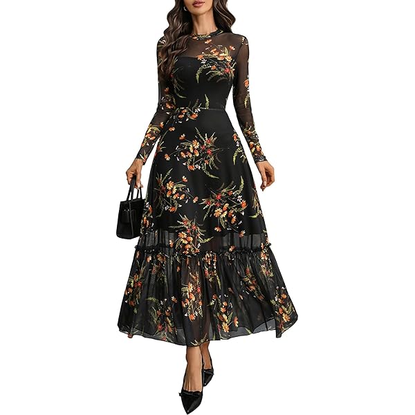 Women's Vintage Floral Embroidery Mesh Dress Flare Sleeve Party Casual Midi  Dress(Black,Small) at Amazon Women's Clothing store
