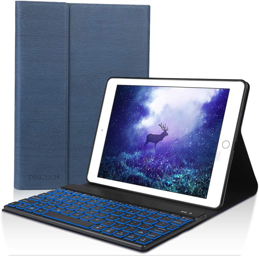 iPad Keyboard Case for New 2018 iPad, 2017 iPad, iPad Pro 9.7, iPad Air 1 and 2 - Dingrich Slim Leather Folio Cover - Wireless Detachable Keyboard - 7 Color Backlight (Dark Blue)