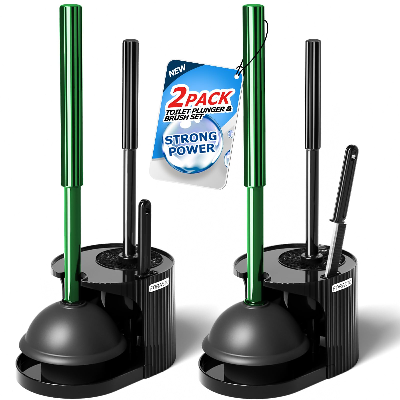 FORASTO Toilet Plunger ，Extended Handle Plunger，Toilet Bowl Plunger Set,Bathroom Cleaning Tools ，White(Green)