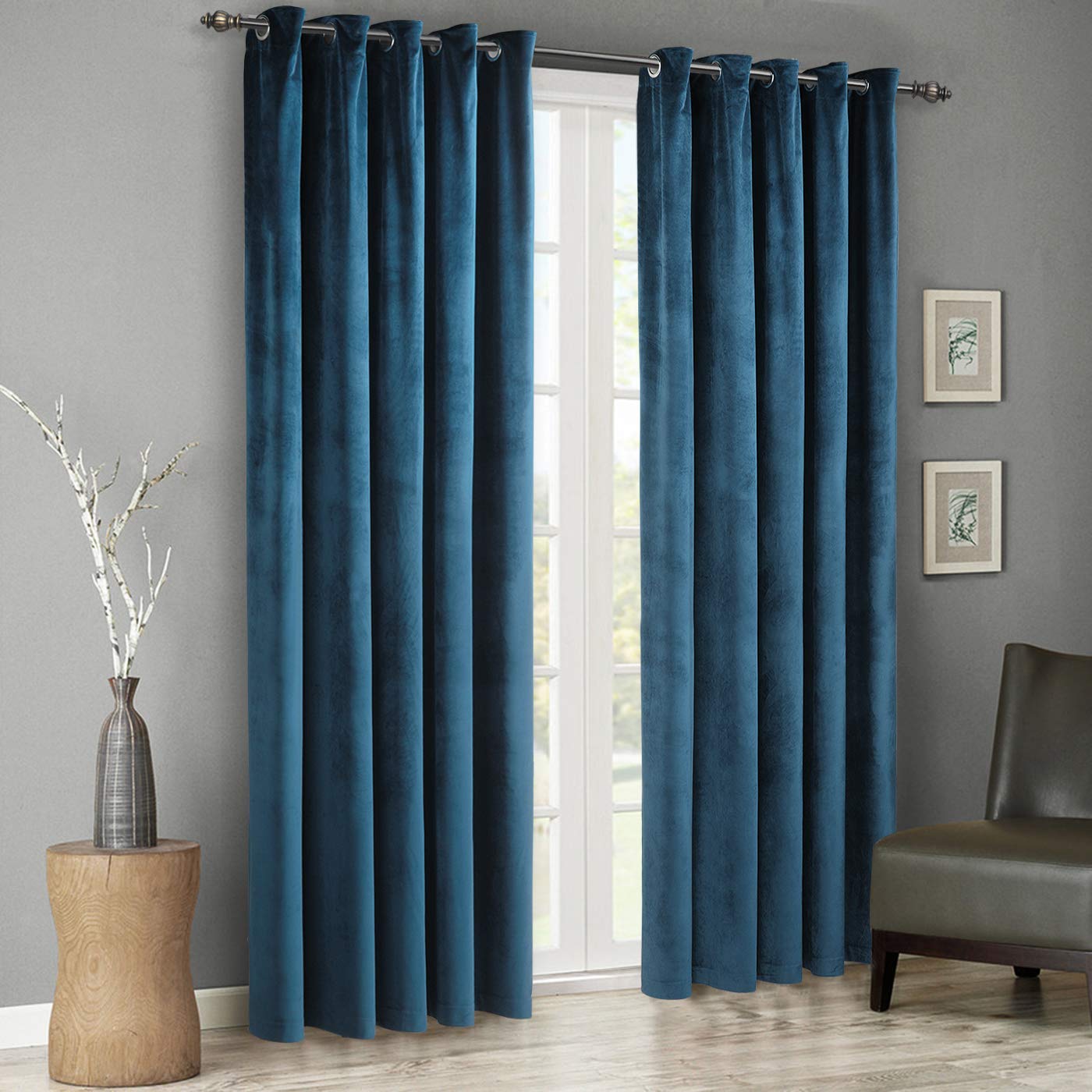 Singinglory Velvet Curtains Pencil Pleat Blackout Curtains 2 Panels with 2 Tiebacks Thermal Eyelet Curtain for Bedroom & Living Room Navy 90"x90"
