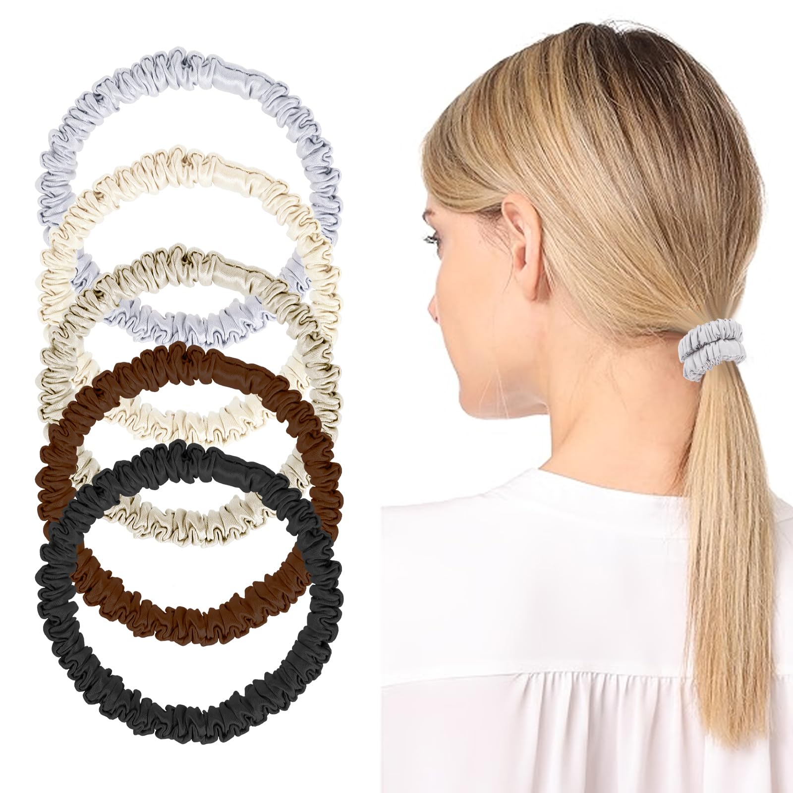 Giantree 5 Pcs Pure Mulberry Silk Hair Ties - 19 Momme Skinny Scrunchies for Sleep, No Damage Ponytail Holders for Women and Girls